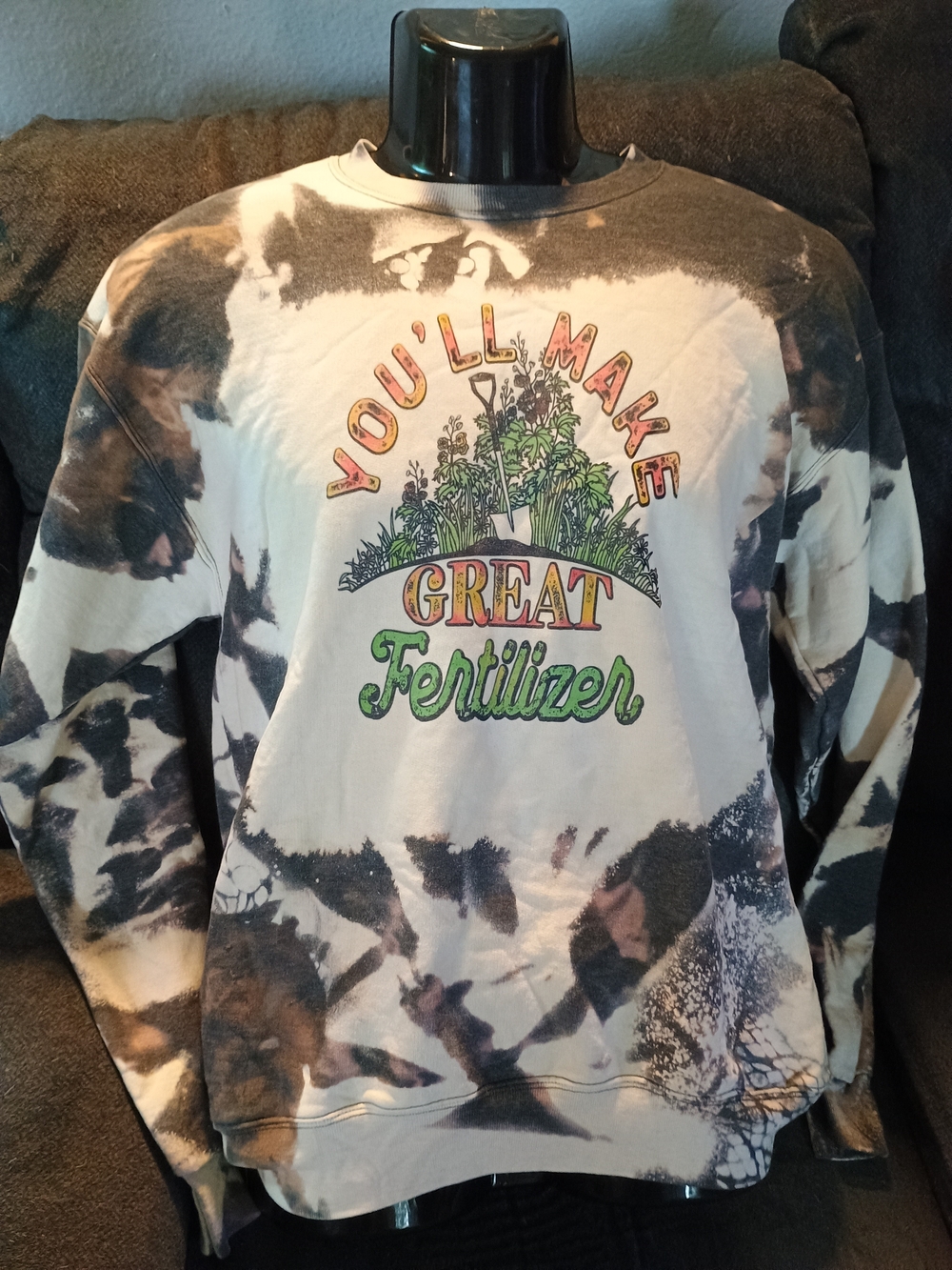 Handmade Garden Crewneck Medium Dark Gray Cream Hand Bleached Plant Sweatshirt